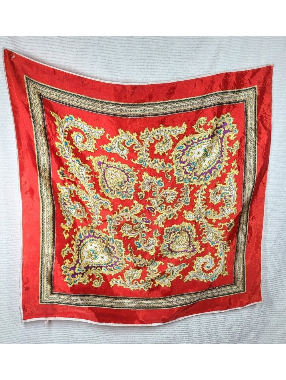 Vtg Satin Paisley Scarf 100% Acetate 28” Square 70s Orange Colorful Mod Japan